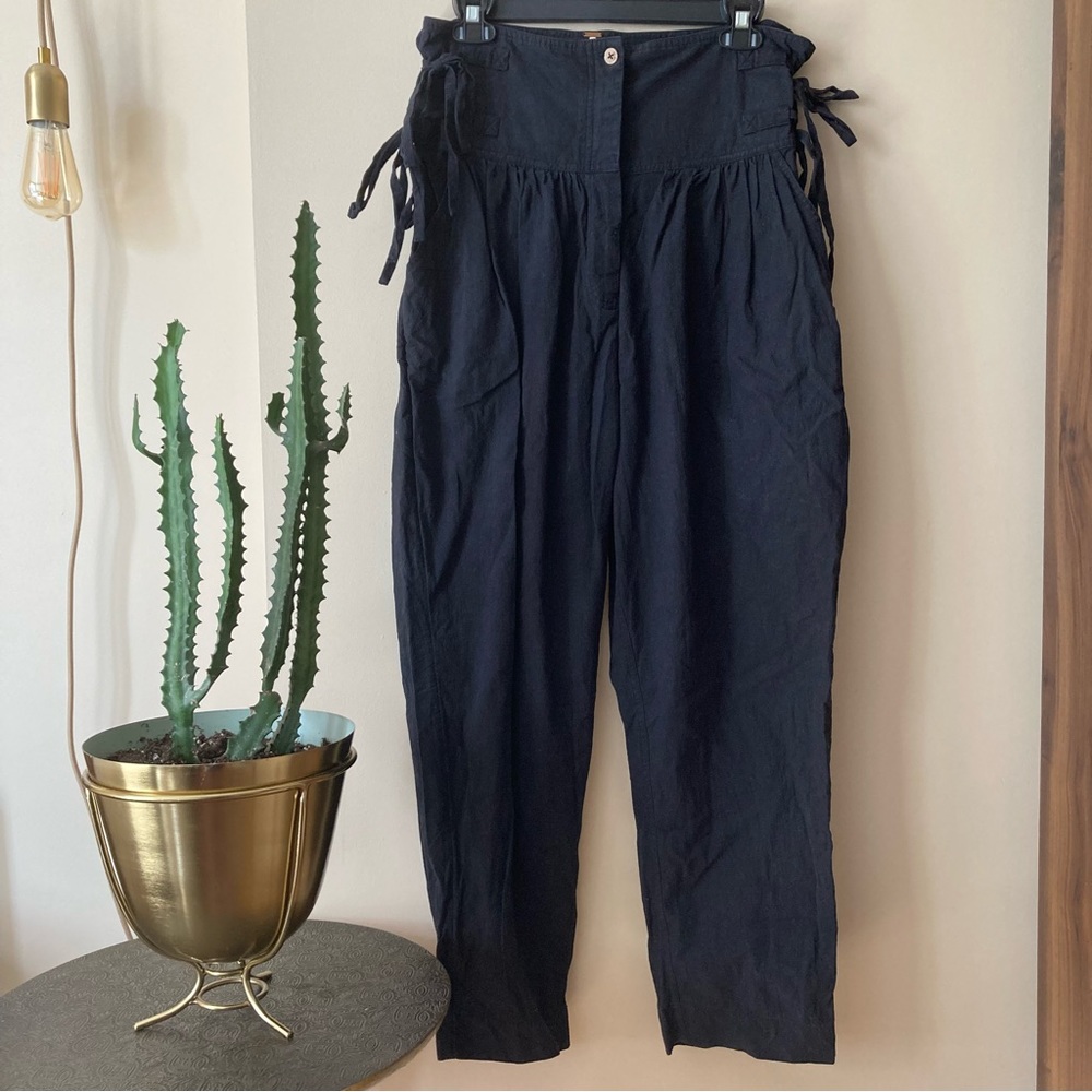 Free People Black Button Fly Waist Tie Straight Cotton Trousers - Picture 2 of 7